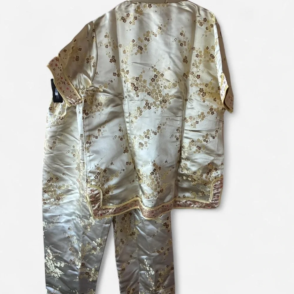 Peach Cream gold traditional Chinese Qipao top‎ & pant pankou button Sz Girls 12